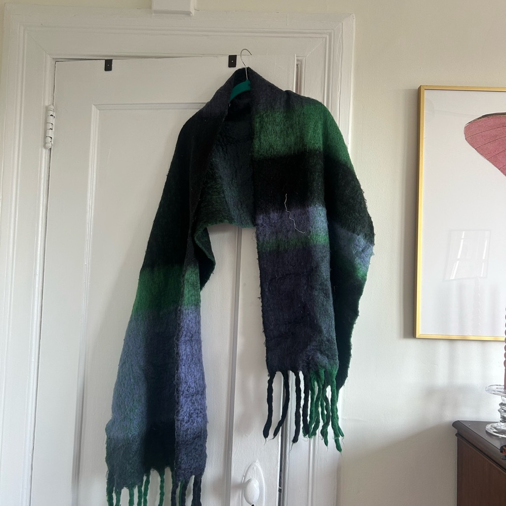 Free People Cozy Green and Black Wool Scarf